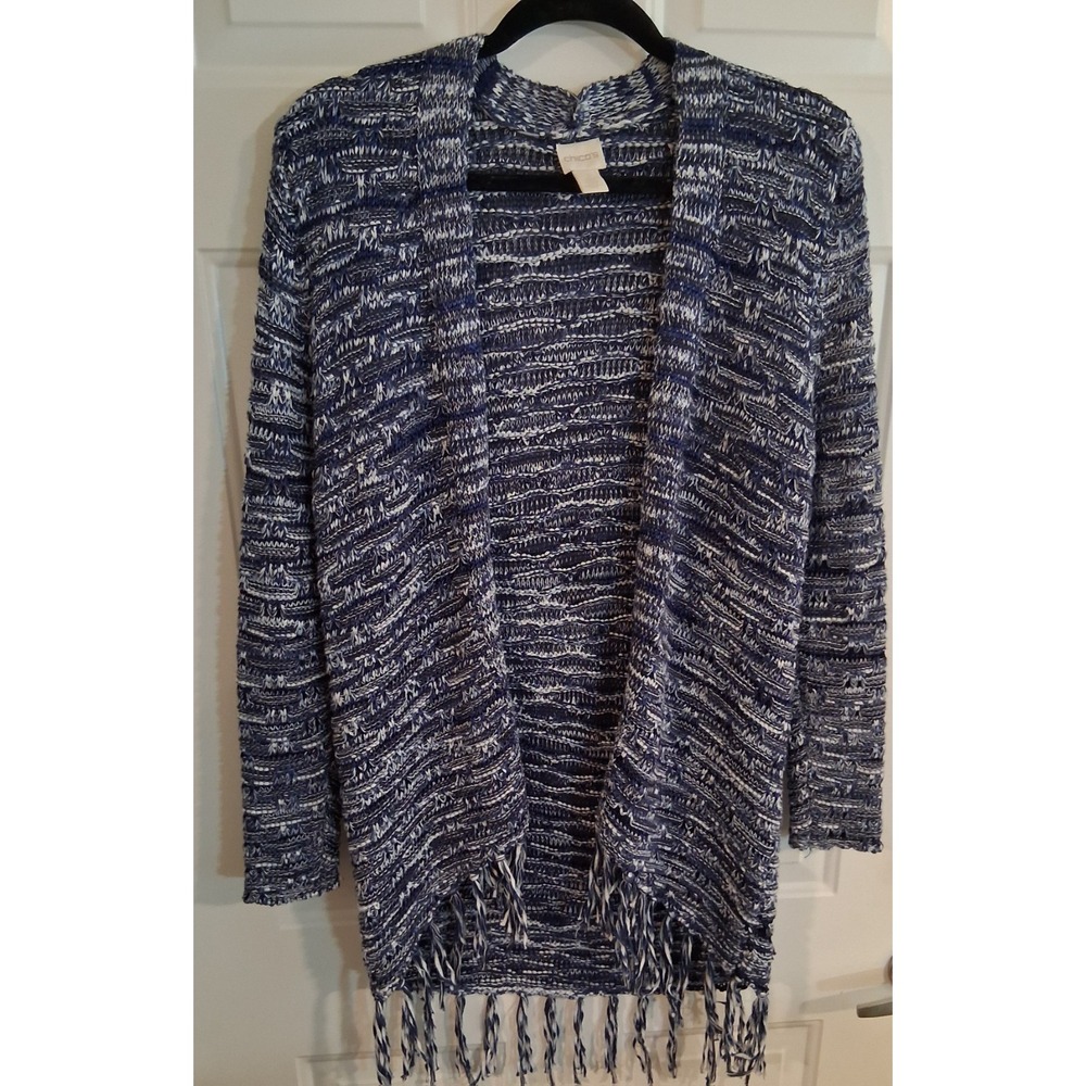 Chico's Anniston Blue Striped Fringe Long Sleeve Cardigan Women's Sz 1 (M)